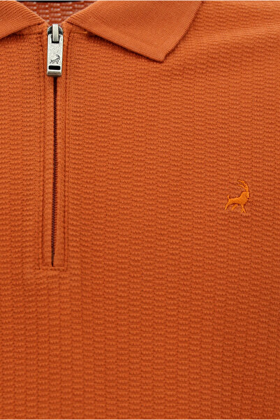 Abdullah Kiğılı Slim Fit Slim Fit Zippered Embroidered Cotton Patterned Polo Neck T-Shirt