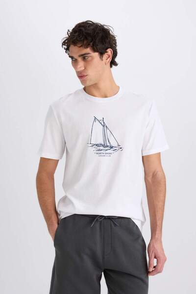 DeFacto Тениска с къс ръкав и щампа, стандартна кройка, 100% памук, с кръгло деколте, D7939AX25SP