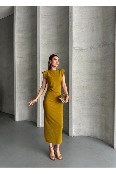 Moda Palmiss Women's Oil Green Stone Detailed Shoulder Padded Midi Dress