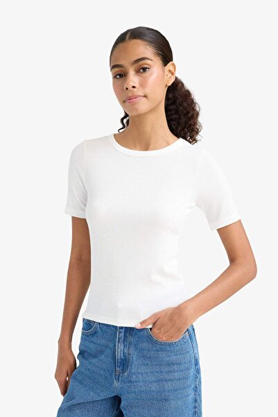 DeFacto Slim Fit Tight Fit Crew Neck Basic Plain Ribbed Camisole Short Sleeve T-Shirt C0097Ax25Sp