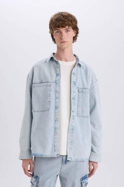 DeFacto %100 Pamuk Oversize Geniş Kalıp Uzun Kollu Jean Gömlek D8333AX25SP