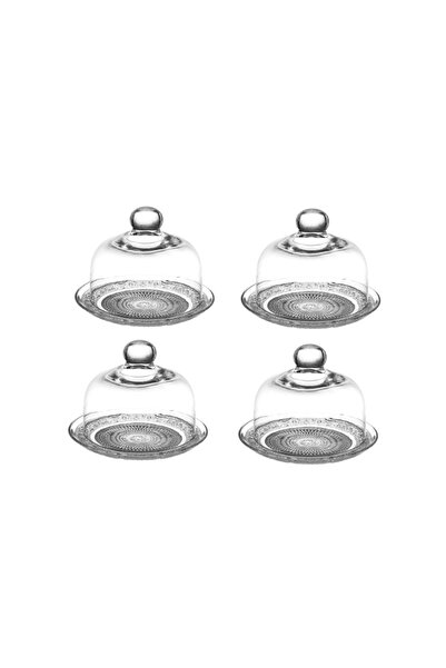 Dania Konya Luxury Glass Cake Plate Set with Mini Movable Lid, 15 cm, 4 Pieces