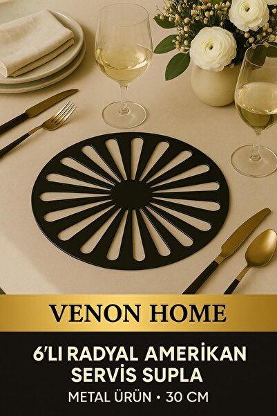 VENON 6 lı Set 30 Cm SİYAH Radyal METAL PASLANMAZ Amerikan Sunum Servis,şık Çeyiz Seti,halka Runner