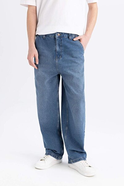 DeFacto %100 Pamuk Skater Fit Geniş Kalıp Yüksek Bel Geniş Paça Cepli Yıkamalı Jean Pantolon E6336AX25SP