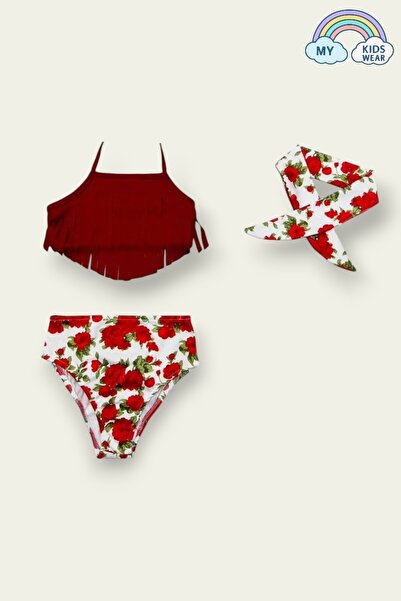 My Kids Wear Bandana Ruffle Detailed High Waist Girls' Swimsuit Set