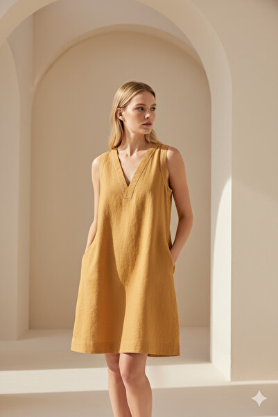 JOJOMIA نينا الكتان وتينسيل ™   فستان قصير الخردل