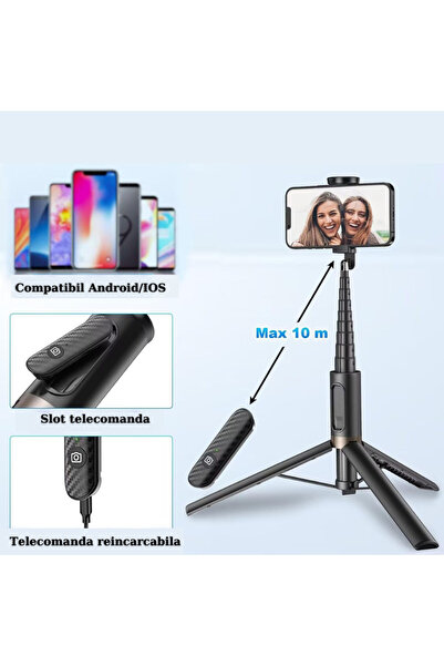 RaSteff Selfie stick, Ajustabil 30cm-150cm, Trepied, Bluetooth, Telecomanda detasabila, Telescopic, Negru