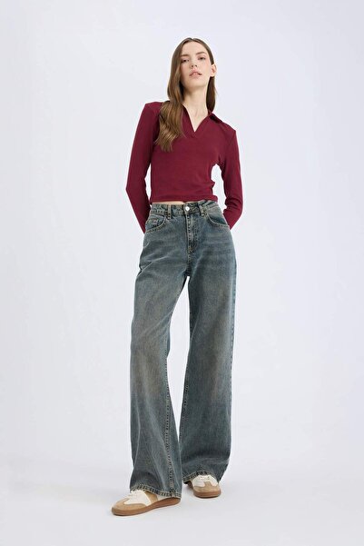 DeFacto Fitted Polo Neck Basic Plain Modal Long Sleeve T-Shirt E7938Ax25Sp