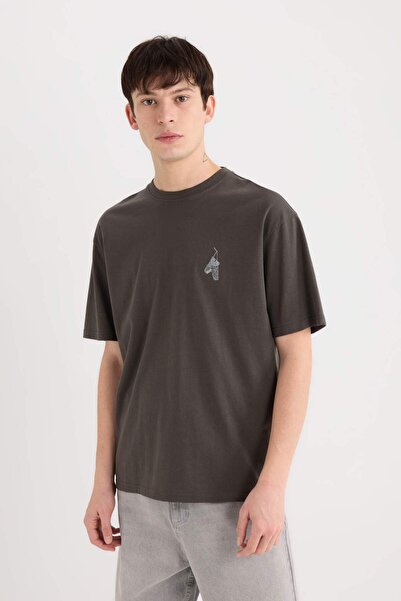 DeFacto 100% Cotton Boxy Fit Crew Neck Back Printed Short Sleeve T-Shirt D5511Ax25Sp