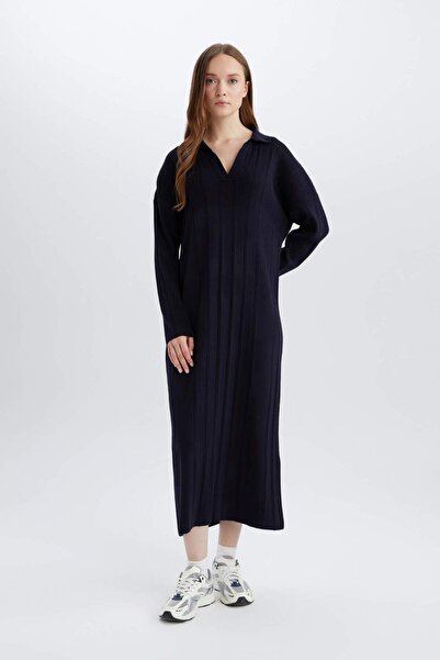 DeFacto Relax Fit Basic Düz Polo Yaka Maxi Triko Elbise E2972AX25SP