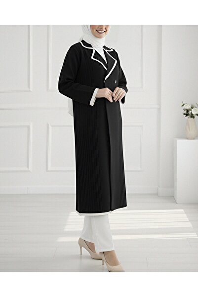 Modamorfo Long Knit Cardigan with Snap Button Front Pockets - Black