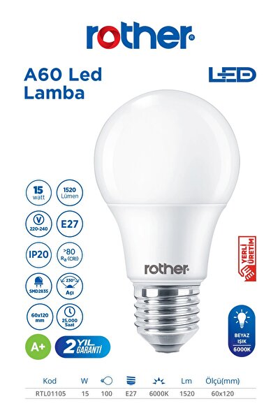 Rother RTL01105 A60 LED Ampul 15W E27 1520 Lümen 6000K Beyaz Işık - Enerji Tasarruflu Ampul
