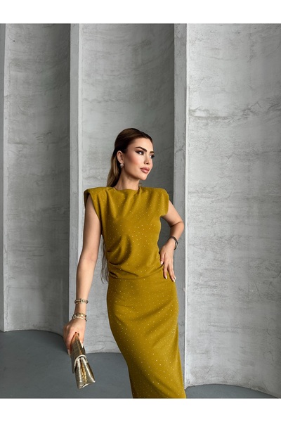 Moda Palmiss Women's Oil Green Stone Detailed Shoulder Padded Midi Dress