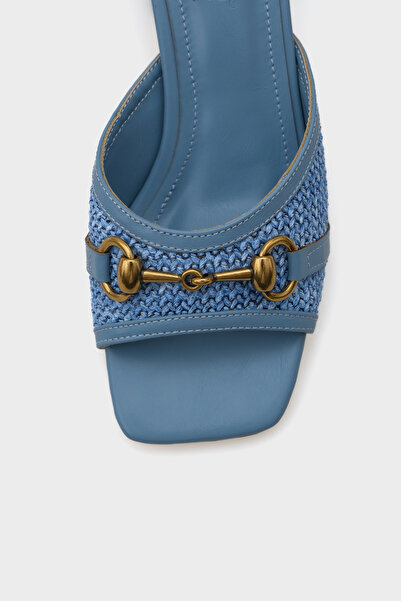 Capone Outfitters Women's Gold Buckle Straw Detailed Denim Blue Thick Heeled Slippers