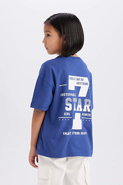DeFacto Дівчача оверсайз футболка з широким кроєм, велосипедним коміром, принтом на спині та короткими рукавами D8540A825SM