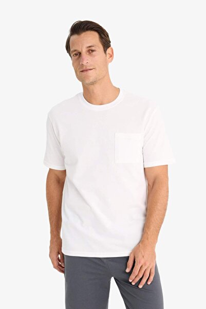DeFacto 100% Cotton New Regular Fit Crew Neck Short Sleeve Basic Plain White Pique T-Shirt D7931Ax25Sp