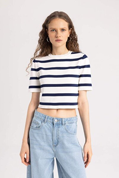 DeFacto Πλεκτό μπλουζάκι με ριγέ κοντομάνικο λαιμόκοψη 	   C2042AX25SP