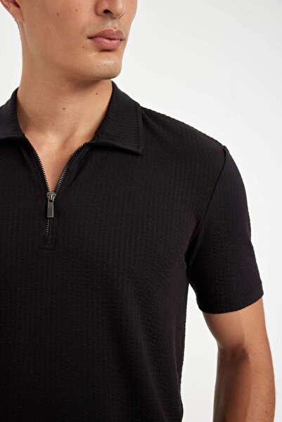 DeFacto Slim Fit με λεπτή εφαρμογή με μισό φερμουάρ και κοντό μανίκι, λευκό μπλουζάκι πόλο D6478AX24HS