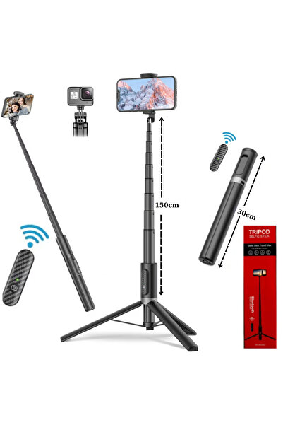 RaSteff Selfie stick, Ajustabil 30cm-150cm, Trepied, Bluetooth, Telecomanda detasabila, Telescopic, Negru