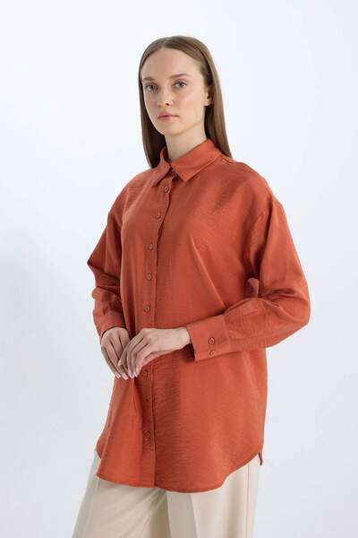 DeFacto Relax Fit Basic Düz Uzun Kollu Gömlek Tunik D7346AX25SP