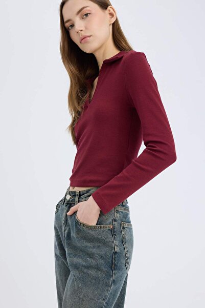 DeFacto Fitted Polo Neck Basic Plain Modal Long Sleeve T-Shirt E7938Ax25Sp