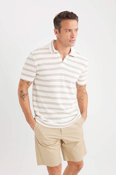 DeFacto Regular Fit Polo Yaka Çizgili Kısa Kollu Triko Görünümlü Tişört D7941AX25SP