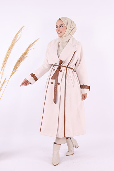 Bym Fashion Stamp Coat 7868 - Lined, Leather Waist Belt and Stone Color