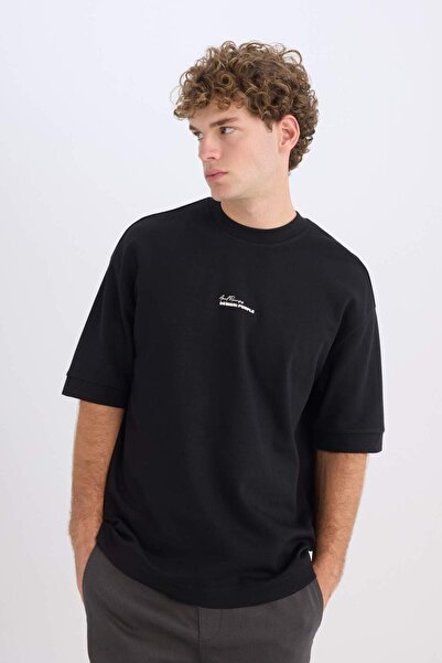 DeFacto Μπλουζάκι με κοντό μανίκι από βαρύ ύφασμα με λαιμόκοψη Loose Fit D5496AX25SP