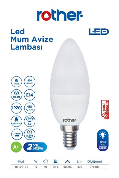 Rother RTL02101 LED Mum Avize Ampul 6W E14 470 Lümen 6000K Beyaz Işık - Enerj...