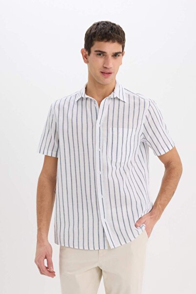 DeFacto %100 Pamuk Regular Fit Yazlık Polo Yaka Keten Görünümlü Çizgili Kısa Kollu Gömlek D7552AX25SP