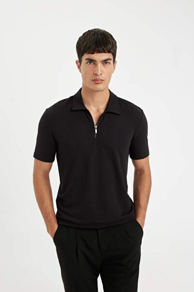 DeFacto Slim Fit με λεπτή εφαρμογή με μισό φερμουάρ και κοντό μανίκι, λευκό μπλουζάκι πόλο D6478AX24HS