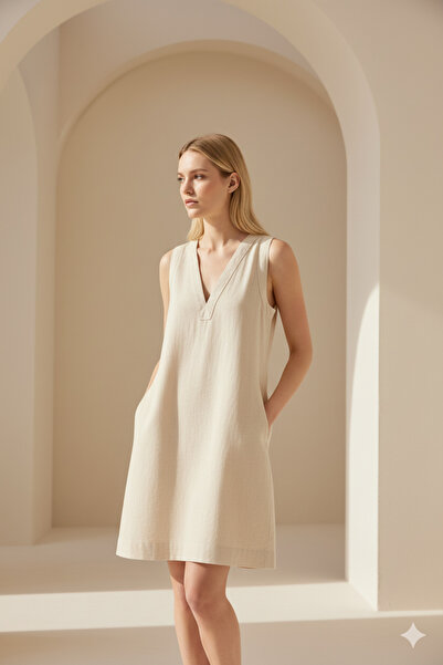 JOJOMIA نينا الكتان وتينسيل ™   فستان قصير كريمي