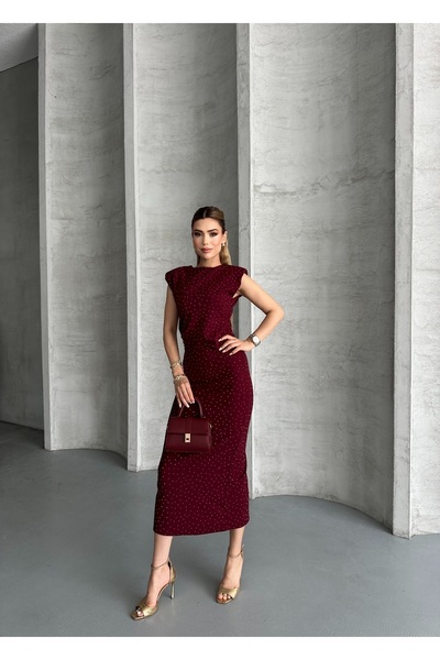 Moda Palmiss Kadın Bordo Taş Detaylı Omuz Vatkalı Midi Elbise