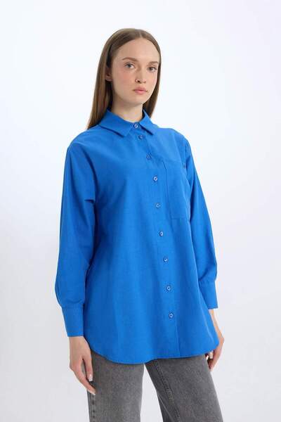 DeFacto Relax Fit Poplin Basic Plain White Long Sleeve Shirt Tunic D7342Ax25Sp