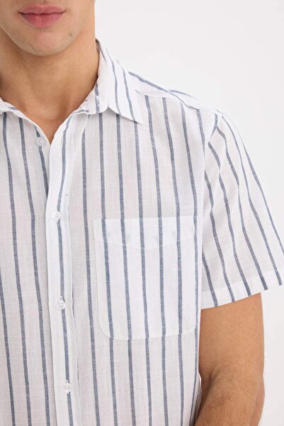 DeFacto %100 Pamuk Regular Fit Yazlık Polo Yaka Keten Görünümlü Çizgili Kısa Kollu Gömlek D7552AX25SP