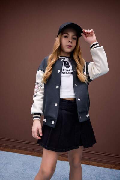 DeFacto Girls' Printed College Collar Soft down Bomber Jacket D7438A825Sp