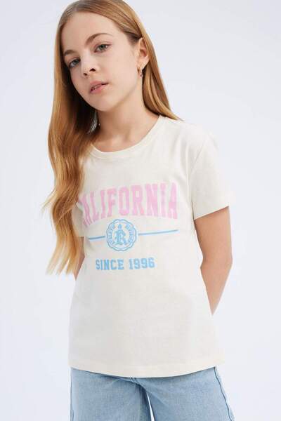 DeFacto Girls' Crew Neck Printed Short Sleeve T-Shirt D8541A825Sm