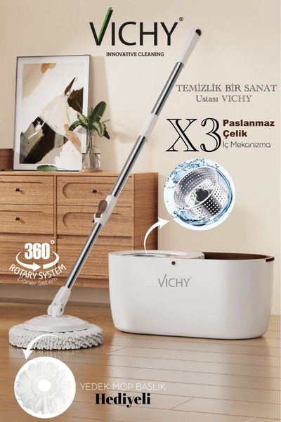 Vichy 360° Döner Mop Temizlik Seti | Kolay Sıkma Kova, Mikrofiber Mop, Yedek Mop Başlığı, VCH-6675