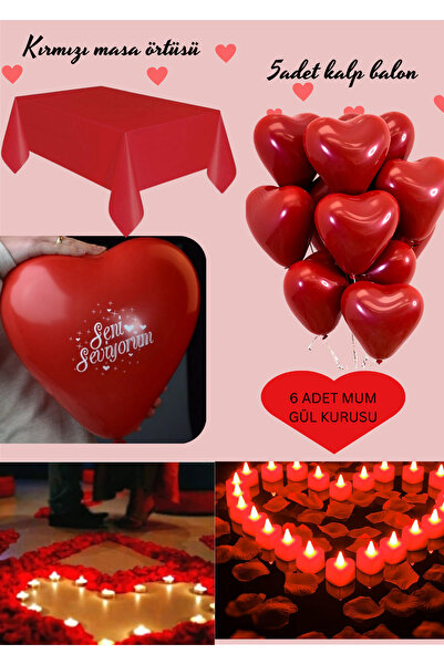 BALON DİYARI Heart Balloon Candle Tablecloth Dried Rose Valentine's Wedding Day Special