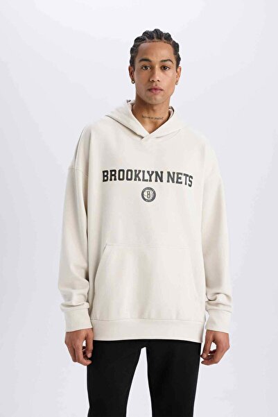 DeFacto Defactofit Nba Brooklyn Nets Oversize Wide Fit Hooded Skuba Diver Fabric Athlete Sweatshirt D67