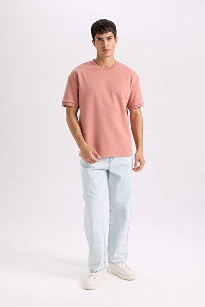 DeFacto Übergroßes, lockeres Basic-T-Shirt mit Rundhalsausschnitt und kurzen Ärmeln aus schwerem Stoff B6494AX25SP