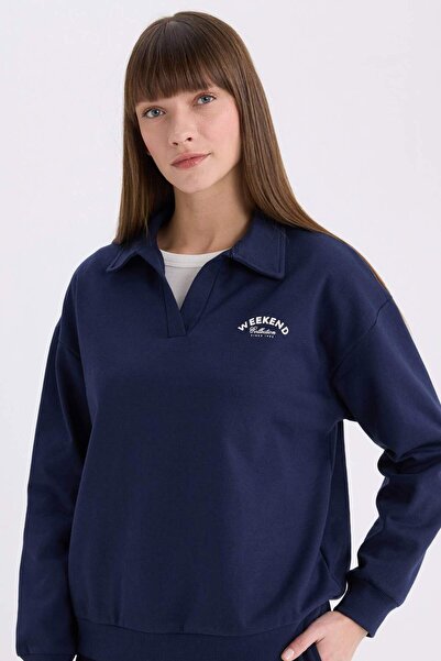 DeFacto Relax Fit Polo Yaka Baskılı İnce Sweatshirt E6078AX25SP