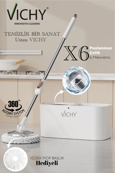 Vichy 360° Döner Mop Temizlik Seti | Kolay Sıkma Kova, Mikrofiber Mop (Yedek Mop Başlığı) VCH-6677