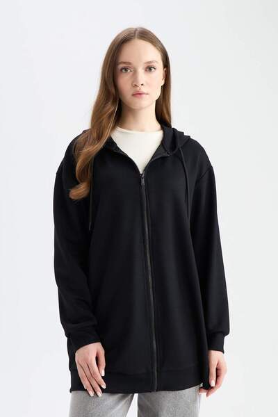 DeFacto Relax Fit Kapüşonlu Basic Düz Fermuarlı Tunik Sweatshirt E4620AX25SP