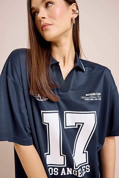 DeFacto Coool Oversize Широкий крій Поло з коміром з принтом Тканина для форми з короткими рукавами Футболка E5368AX25SM