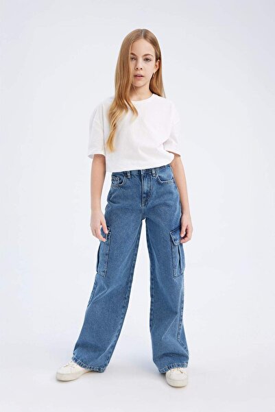 DeFacto Kız Çocuk Wide Leg Kargo Geniş Bol Paça Pamuklu Jean Pantolon D7091A825SM