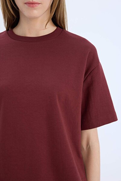 DeFacto Relax Fit Crew Neck Basic Solid Short Sleeve Burgundy T-Shirt C7630Ax25Sp