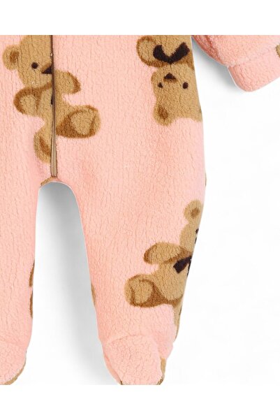 Ege Bebek 6-9 Months Old Teddy Bears Printed Zippered Winter Welsoft Plush Hooded Jumpsuit, Closed Feet