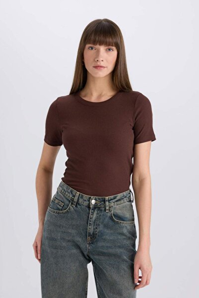 DeFacto Μπλουζάκι με κοντό μανίκι με λεπτή εφαρμογή με ραβδωτή λαιμόκοψη C0097AX25SP