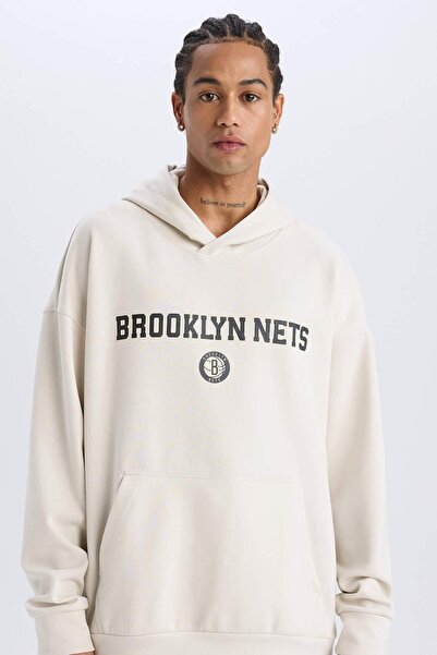 DeFacto Defactofit Nba Brooklyn Nets Oversize Wide Fit Hooded Skuba Diver Fabric Athlete Sweatshirt D67